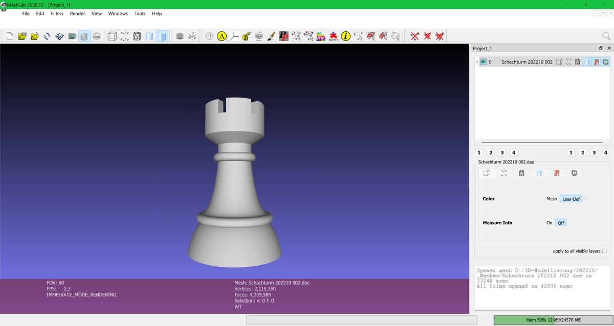 A rook chess piece open as a shaded 3D model in the MeshLab mesh editing application, with the mesh statistics panel visible