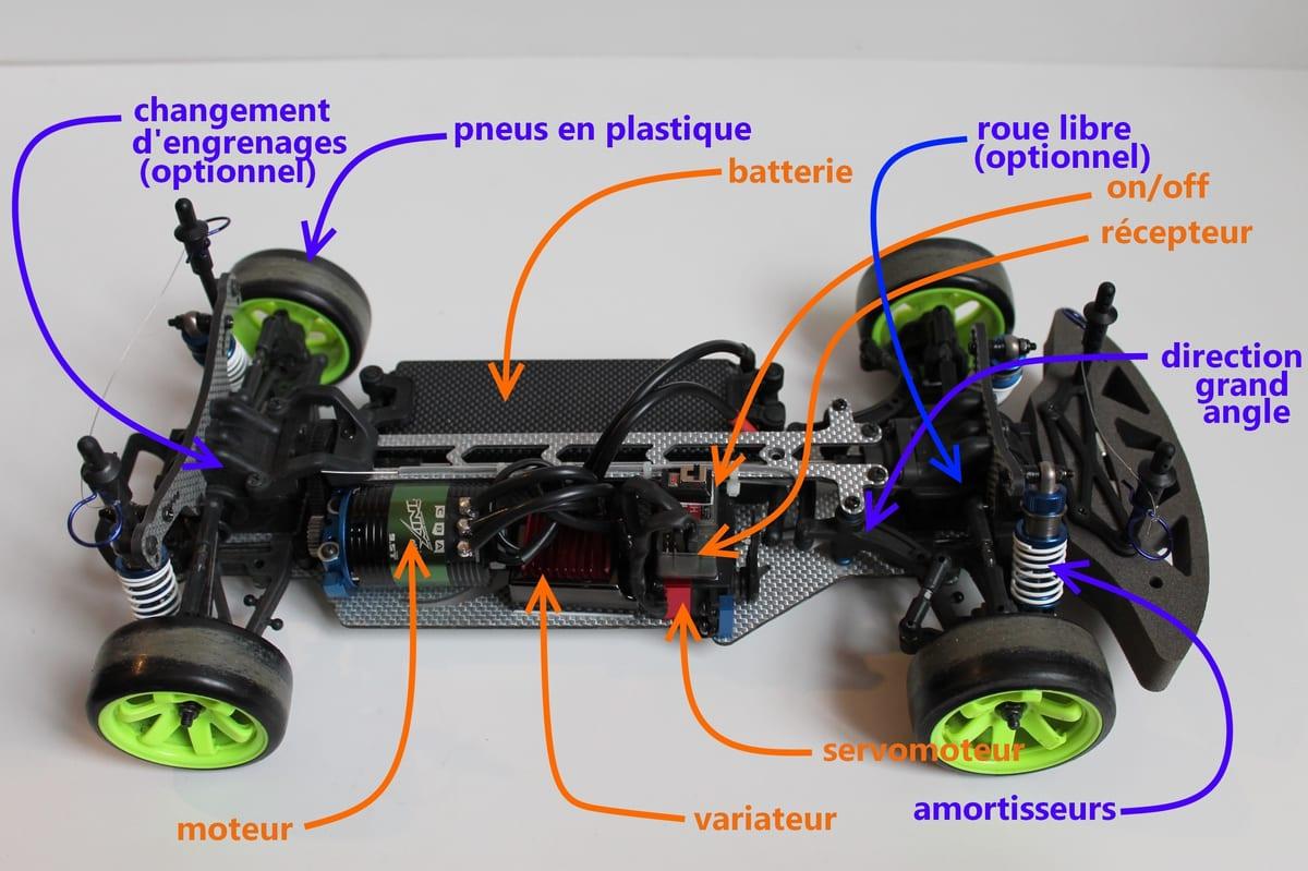 Radio-controlled drift car chassis with its components laid out and labelled