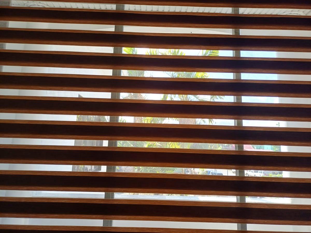 Horizontal wooden venetian blind slats seen from inside a room