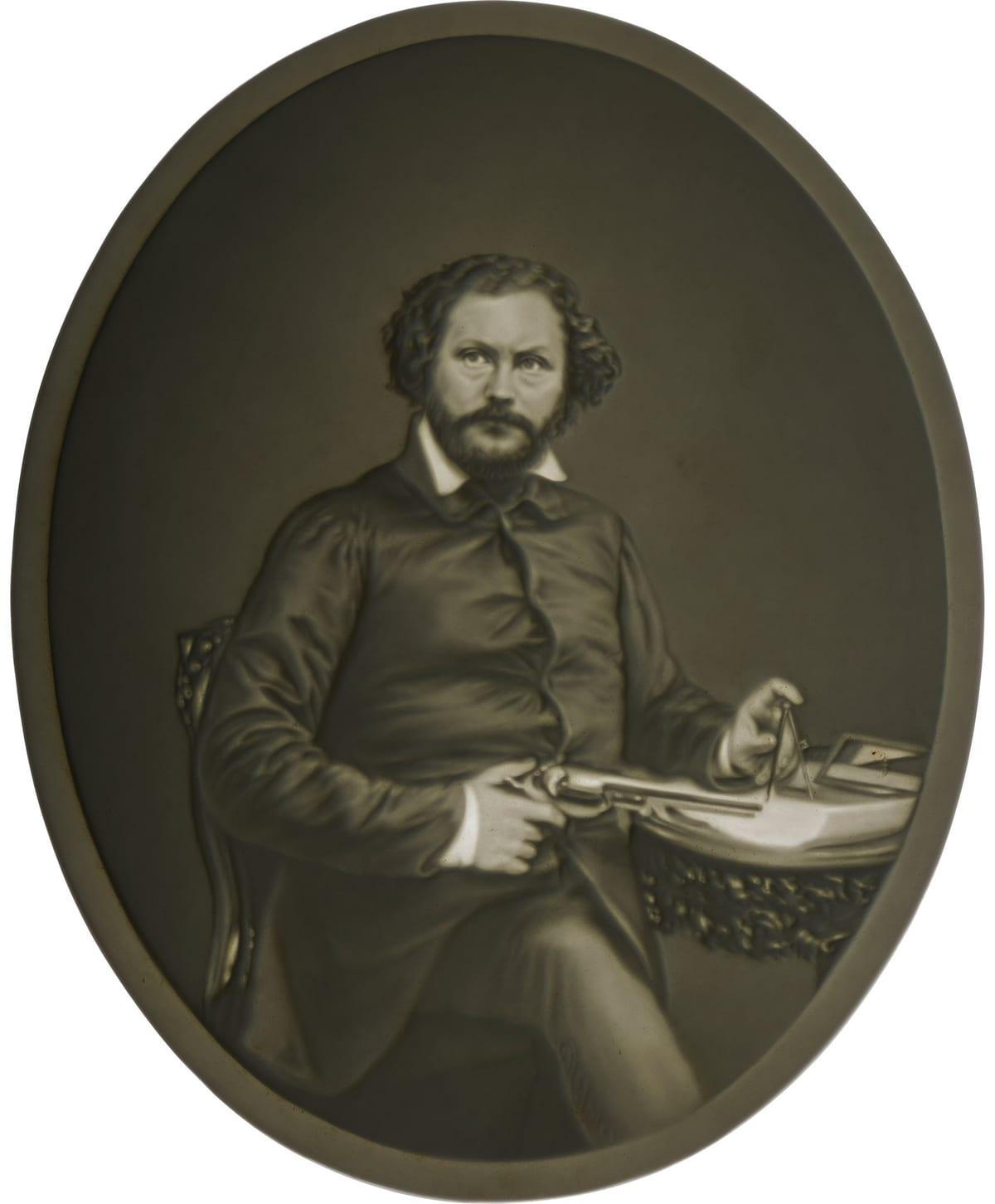 The same oval porcelain plaque backlit, revealing a detailed 19th-century seated portrait with a full range of greys
