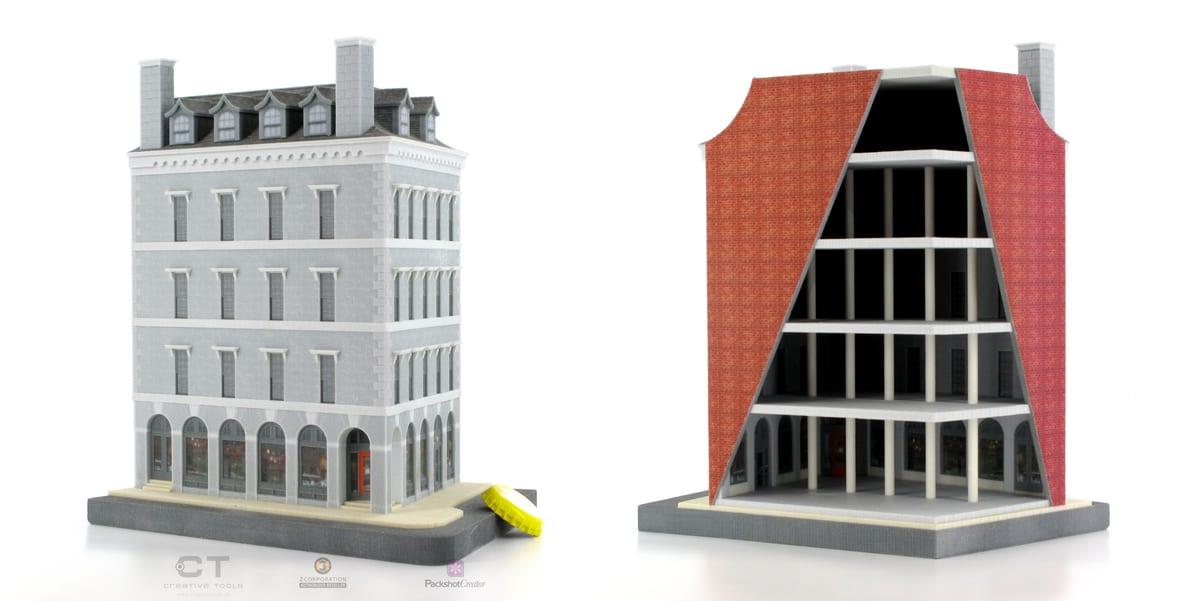 Two views of the same full-colour 3D printed building model: the finished exterior with stone facade and shopfronts, and a cutaway view showing four floor slabs and internal columns