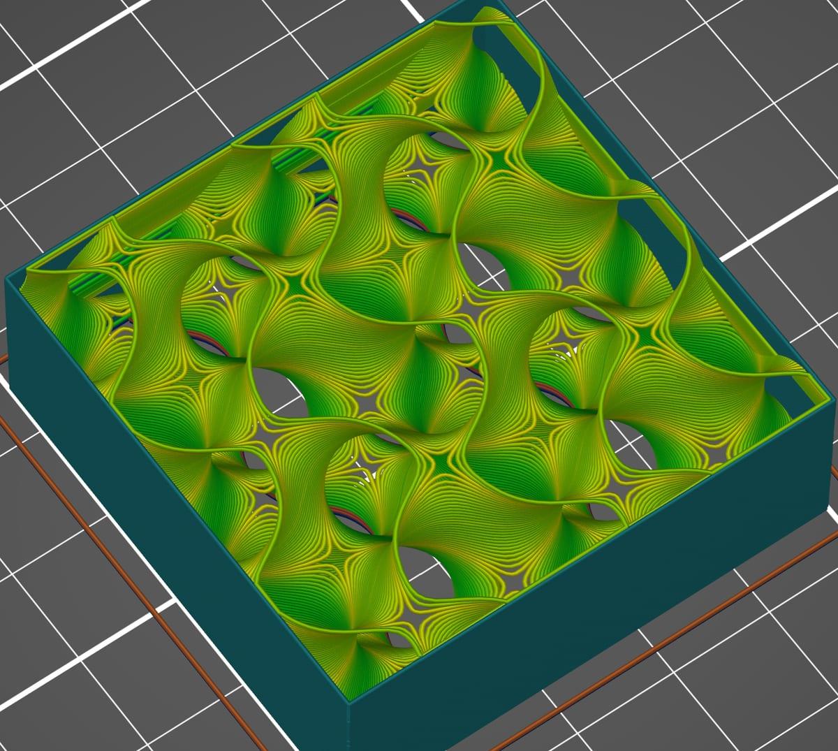 Slicer preview showing the internal gyroid infill pattern of a 3D printed part